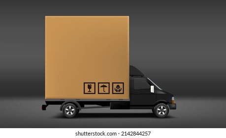 Big Cardboard Box Package On Black Truck Side View. EPS10 Vector