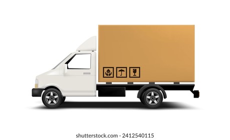 Big Cardboard Box Package On White Truck Side View. EPS10 Vector