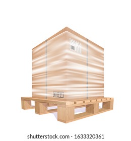 Big Cardboard Box Wrapped Strech Transparent Plastic Film On The Wooden Pallet. 3d Vector Photo Realistic Illustration Isolated On White Background