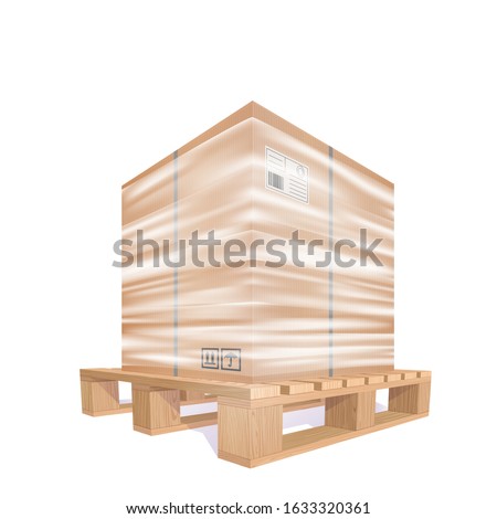 Big Cardboard Box Wrapped Strech Transparent Plastic Film On The Wooden Pallet. 3d Vector Photo Realistic Illustration Isolated On White Background