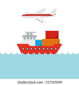 big cargo ship and airplane flying. import and export design. vector illustration
