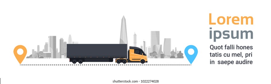 Big Cargo Truck Over Silhouette City Background On Delivery Route Fast Logistics Transportation Concept Horizontal Banner Flat Vector Illustration