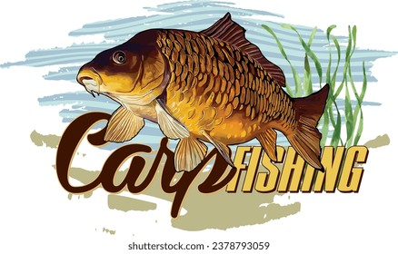 Big Carp Fish Lake Fishing Realistic Illustration with Text