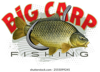 Big Carp Freshwater Fish and Fishing Hook Realistic Illustration with Text