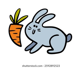 Big carrot and a cute little rabbit. Vector illustration of a toy rabbit and a healthy vegetable for lunch. A wild or domestic animal. Isolated funny character on white background.