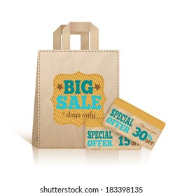 Big carry paper sale shopping bag with price badge and offer cards concept isolated vector illustration