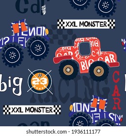 Big cars seamless pattern. Monster truck seamless pattern background. Can be used for textile,  background, book cover, packaging.