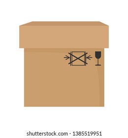 Big carton box cartoon illustration. Brown paper package with fragile symbols. Cardboard box concept. Vector illustration can be used for topics like delivery, shipping, parcel