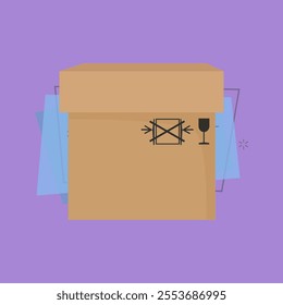 Big carton box cartoon illustration. Brown paper package with fragile symbols. Cardboard box concept. Vector illustration can be used for topics like delivery, shipping, parcel