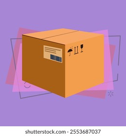 Big carton box cartoon illustration. Cube shaped package with keep dry, fragile and side up symbols. Cardboard box concept. Vector illustration can be used for topics like delivery, shipping, parcel