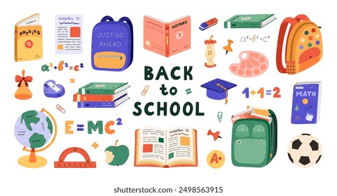 Big cartoon back to school set with kids school supplies. Hand drawn collection of schoolbag, textbook, globe, cute stationery, soccer ball. Childish clipart for study, draw, work isolated on white.