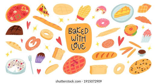 A big cartoon bakery and a pastry set. Various traditional American, Italian, Belgian, German, Spanish baked desserts and pastry. Vector hand-drawn isolated illustration.