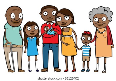 Big Cartoon Black Or Ethnic Family With Parents, Children And Grandparents, Vector Illustration