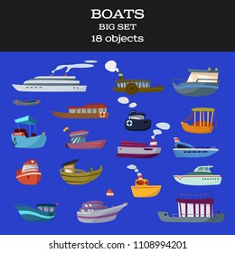Big cartoon boats set. Vector illustration isolated on background.