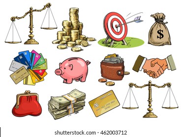 Big cartoon business finance money set. Scales balanced unbalanced, stack of coins, sack of dollars, credit cards, handshake, purse, wallet, piggy bank Sketch Hand drawn vector illustration isolated.