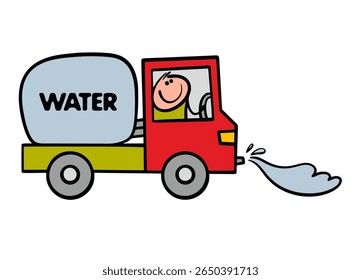 Big cartoon car with a tank is driving down the street and washing the road. Vector illustration of a special transport and  jet of water.