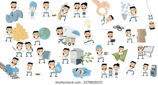 big cartoon collection of a funny businessman in different scenarios