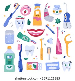 Big cartoon dental care and stomatology set with cavity cleaning tools, cute tooth characters, oral care products. Toothpaste, brush, floss, mouth. Lovely hand drawn teeth hygiene isolated clipart.