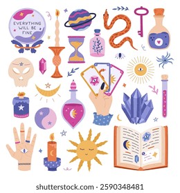 Big cartoon esoteric and magical set with wizard potion, spell book, crystal ball of fortuneteller, astrology and occult elements. Lovely hand drawn Halloween collection with witchcore aesthetic.