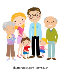  Big cartoon family with parents, children and grandparents, vector illustration