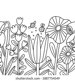 Big cartoon flowers and bees, seamless composition, outline vector border isolated on white background