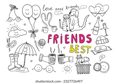 Gran amistad de caricaturas ambientada en estilo doodle. Cuidada colección con citas, corazones, dulces, bebidas, globos, gatos, perros, sol, espacio, tazas, decoración de fiesta. Iconos dibujados a mano