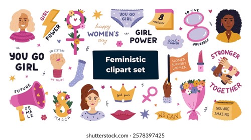 Big cartoon Girl Power set for sisterhood, gender equality, women community, self respect. Hand drawn colourful collection with female positive clipart, lettering about diversity, motivational slogan.