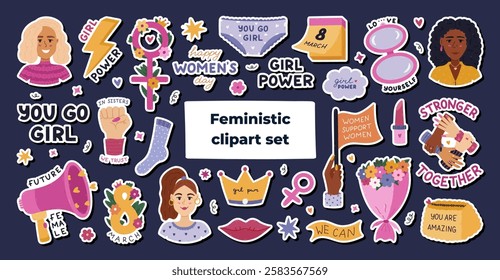 Big cartoon Girl Power sticker set for planners, notebooks. Ready for print list of cute stickers with cartoon clipart of sisterhood, gender equality, women community and motivational lettering.