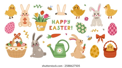 Big cartoon Happy Easter set with different fluffy bunny, cute baby chick, ornate eggs with lines, check, swirl, stars, tulips. Religious springtime carnival clipart collection isolated on white.