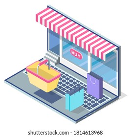 Big cartoon laptop with conceptual storefront, slogan Buy. Shopping basket, shopping paper bags on laptop with huge keyboard. Cartoon store showcase. Concept of online trading. Isometric vector image