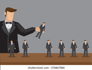 Big cartoon man, representing employer, picks up one man from a group of individuals, representing labor market. Creative vector illustration for human resource concept.