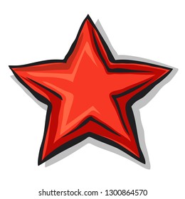 Big cartoon red star with shadow and black contour isolated on white background. Stock vector illustration