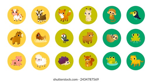 Big cartoon set of baby animals in circles. Vector bundle of cute wild animals for kids. Sticker collection.