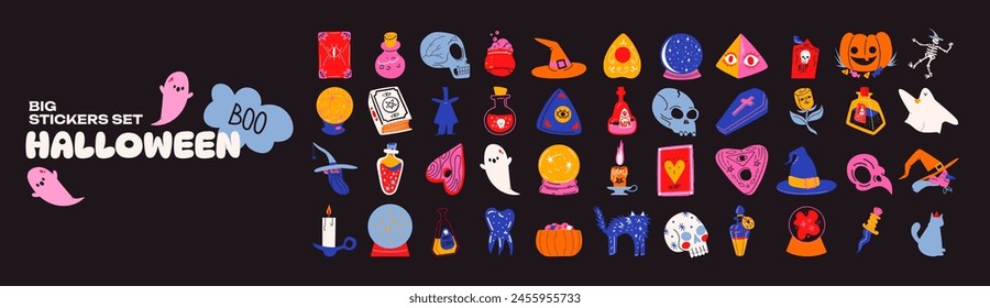 Big cartoon set halloween stickers of magic and witchcraft. 90s wild magic design. Ghosts, pumpkins, witches, skull,potion. Halloween retro doodle set