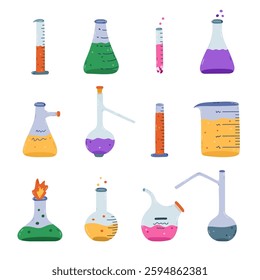 Big cartoon set with laboratory beaker with fire, chemical solution, reagent and bubble. Flat-bottomed, round flask, glassware, tube for scientific, chemistry experiment. Hand drawn lab equipment.