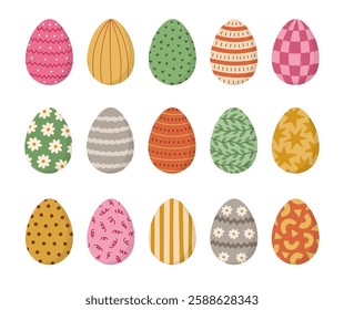 Big cartoon set with lovely Easter egg with geometric, swirl, flower ornament, striped, checked, polka dot. Trendy hand drawn symbol of Easter egg hunt. Cute doodle of isolated on background.