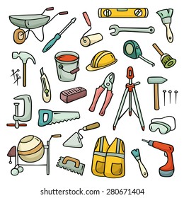 Big cartoon set of  operating tools. Cute collection of building subjects. Hand-drawn vector illustration isolated on white. Each element is grouped separately.