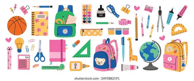 Big cartoon set of school supplies isolated on a white background