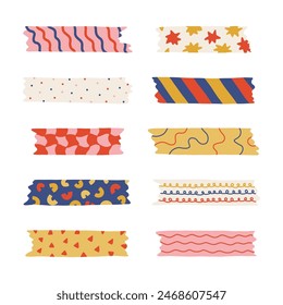 Big cartoon set of washi tape stripes with squiggle, geometry and cute pattern. Vector adhesive tapes with colorful hand drawn memphis ornament. Trendy decorative scotch tape with ragged edges.