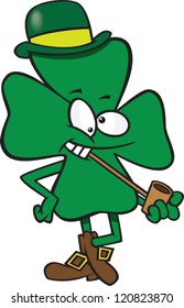big cartoon shamrock wearing a hat boots and smoking a pipe