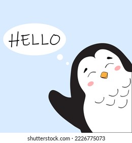 Big cartoon sketch hand drawn penguin, behind the frame with lettering Hello. Vector illustration in doodle style