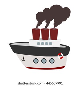 Big cartoon steamboat with anchor, life ring and steam. Isolated vector illustration.