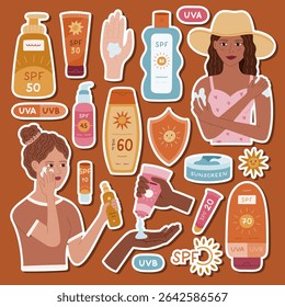 Big cartoon sticker set about SPF protection for planners, notebooks. Ready for print list of lovely hand drawn stickers clipart with women applying sunscreen, different tubes and bottles of sunblock.