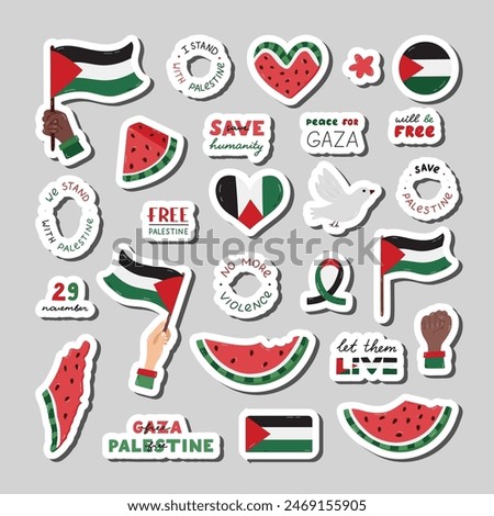Big cartoon sticker set of Save Palestine with lettering and hand drawn clipart. Ready for print list of cute stickers with watermelon, Gaza flag, fist, peace dove. Simple doodle for Free Gaza.