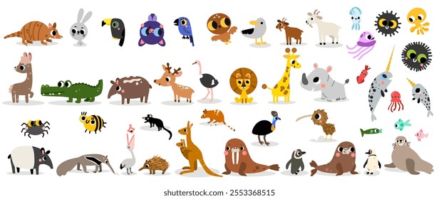 Big cartoon wild animals zoo vector childish kid illustration for education, maze, puzzle, map, poster. Fish, mammals, birds.