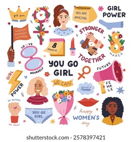 Big cartoon women solidarity sticker set with trendy badges of feminism movement and inspirational lettering. Lightning, female characters, diversity, arms making circle, girl gender symbol isolated.