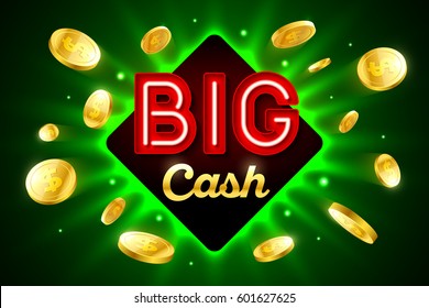 Big Cash bright casino banner with big cash inscription sign on bright green background and explosion of cold coins flying around, vector illustration