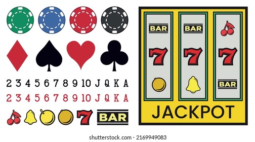 Big CASINO set with elements of poker, slot machines, dice on a white background - Vector illustration