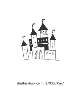 Big castle illustration. Vector sketch black and white object. My home is my castle.