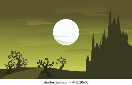 Big castle scenery Halloween and full moon with green backgrounds